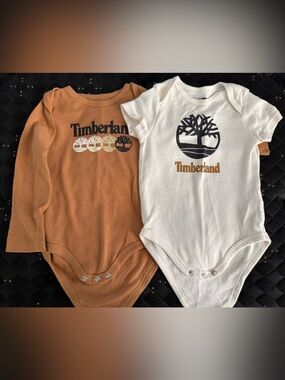 Timberland White and Brown Two-Pack Logo Baby Bodysuits
